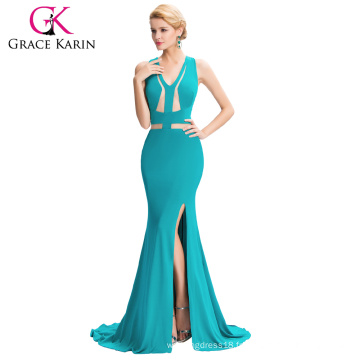 Grace Karin 2016 Dark Turquoise Deep V-Neck Backless High-Split Robes de soirée GK000047-1